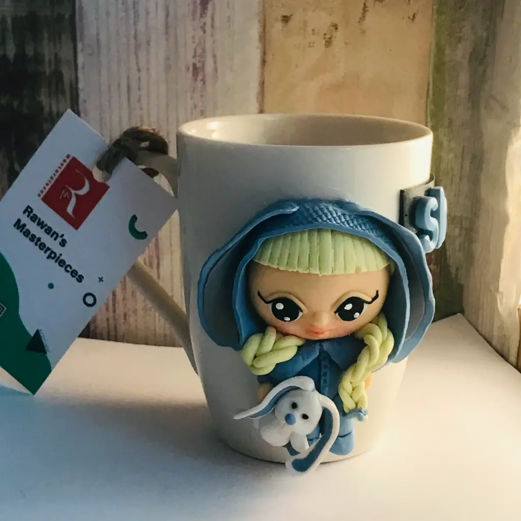 Custom coffee mug with cute 3d tilda doll, personalized mug, coworker gift, for daughter, for girlfriend, green tilda doll